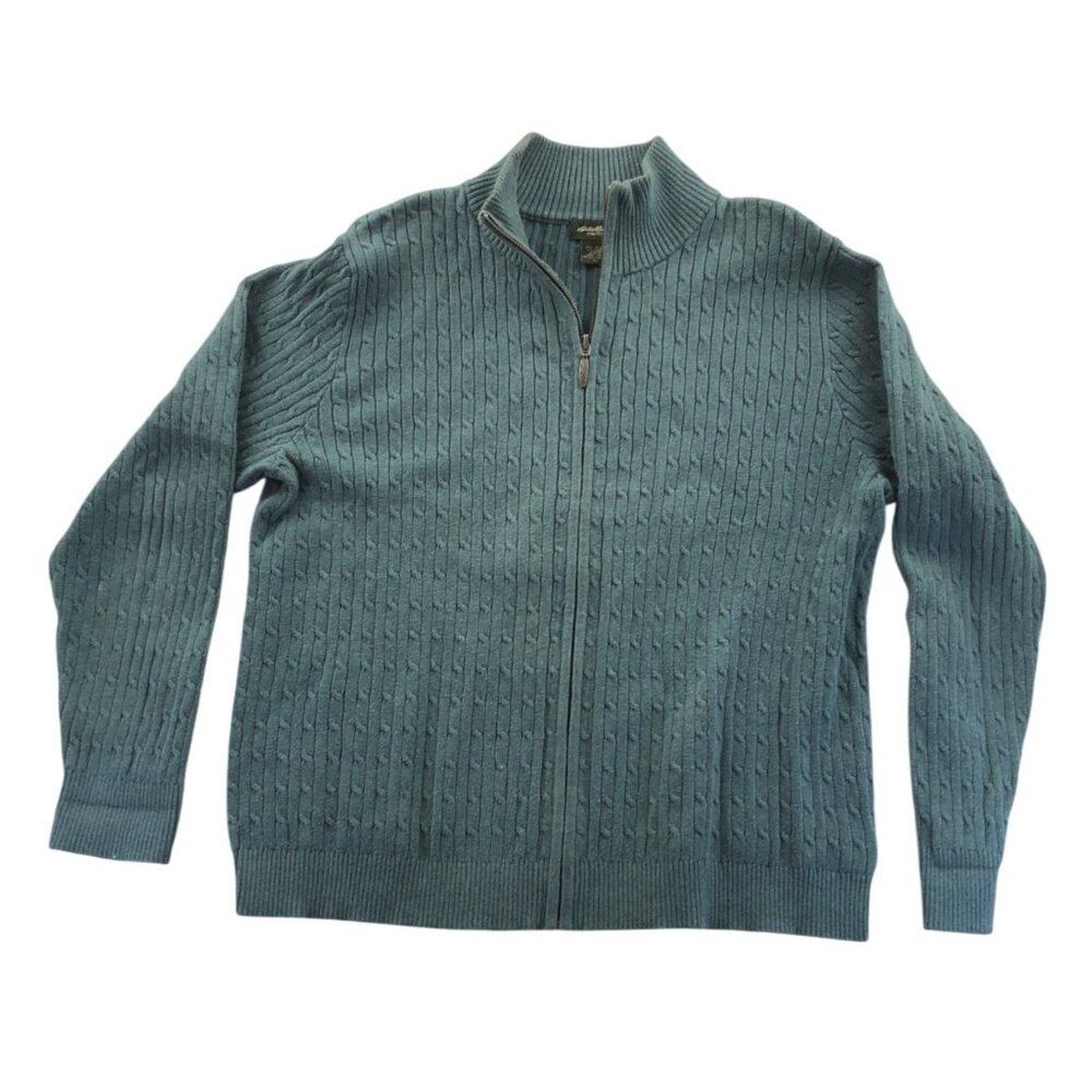 Eddie Bauer Womens Sweater XL Green Stretch Cable Knit Full-Zip Mock Neck Casual